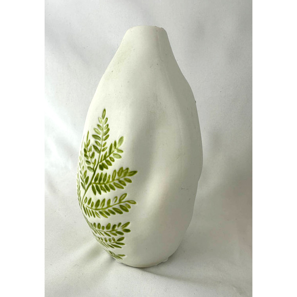 Rustic Fern Pottery Vase Organic Shape Warm White Green Fern Leaves - Picture 3 of 12